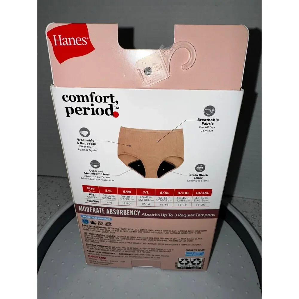 Hanes Comfort Period Underwear 3 Pack Moderate Absorbency Briefs Size 8 XL New
